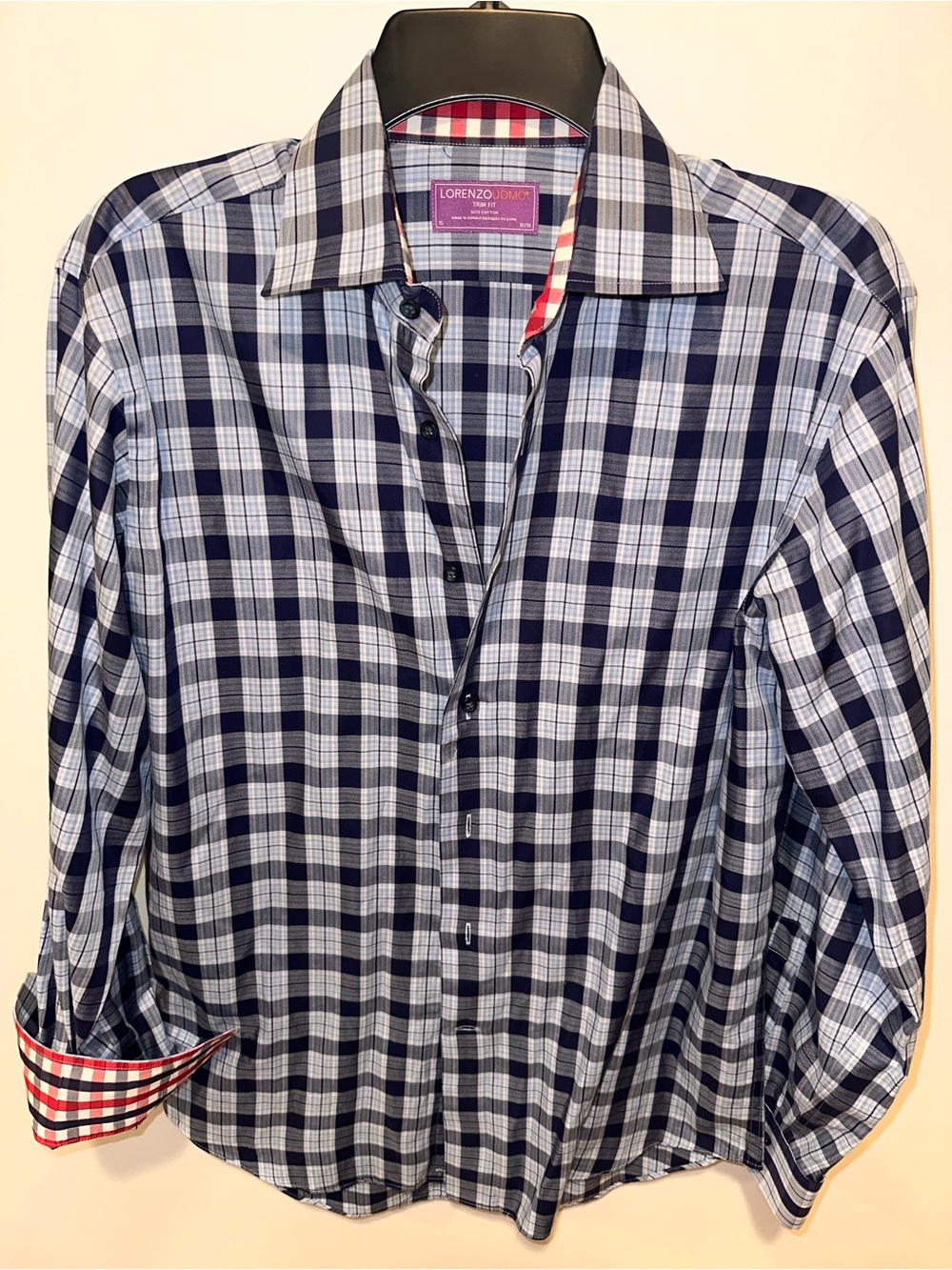 Lorenzo Uomo Navy & Light Blue Plaid Button-Up Shirt with Contrast Trim